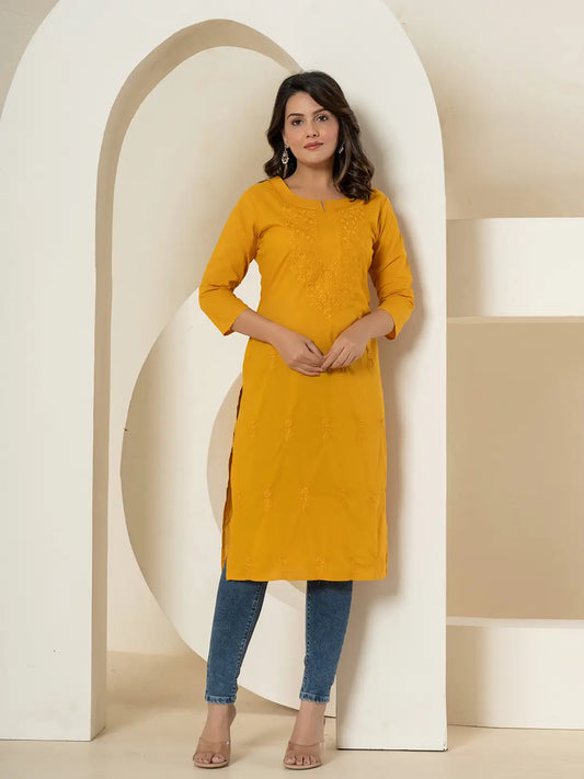 Women Mustard Chikankari Straight Kurta