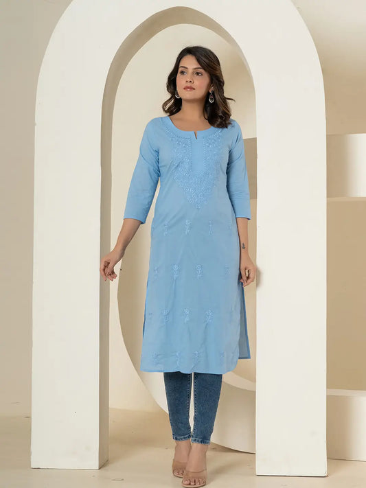 Women Sky Blue Chikankari Straight Kurta