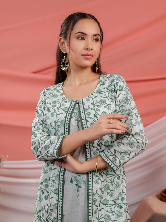 Green Floral Print Cotton A-Line Kurta Sets Add-On Jacket