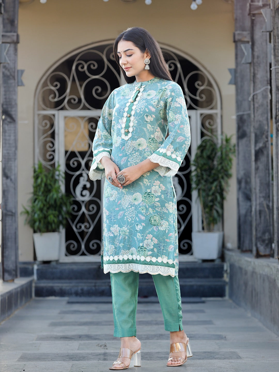Sea Green Pure Silk Co-ord set with Thread_Work