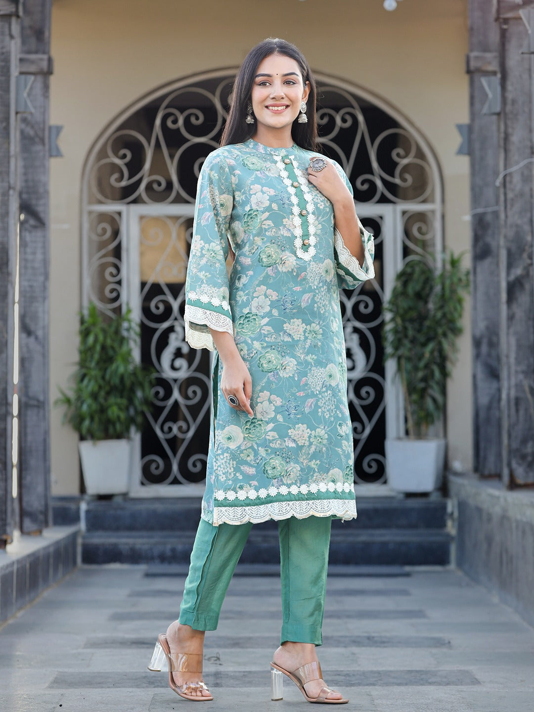 Sea Green Pure Silk Co-ord set with Thread_Work