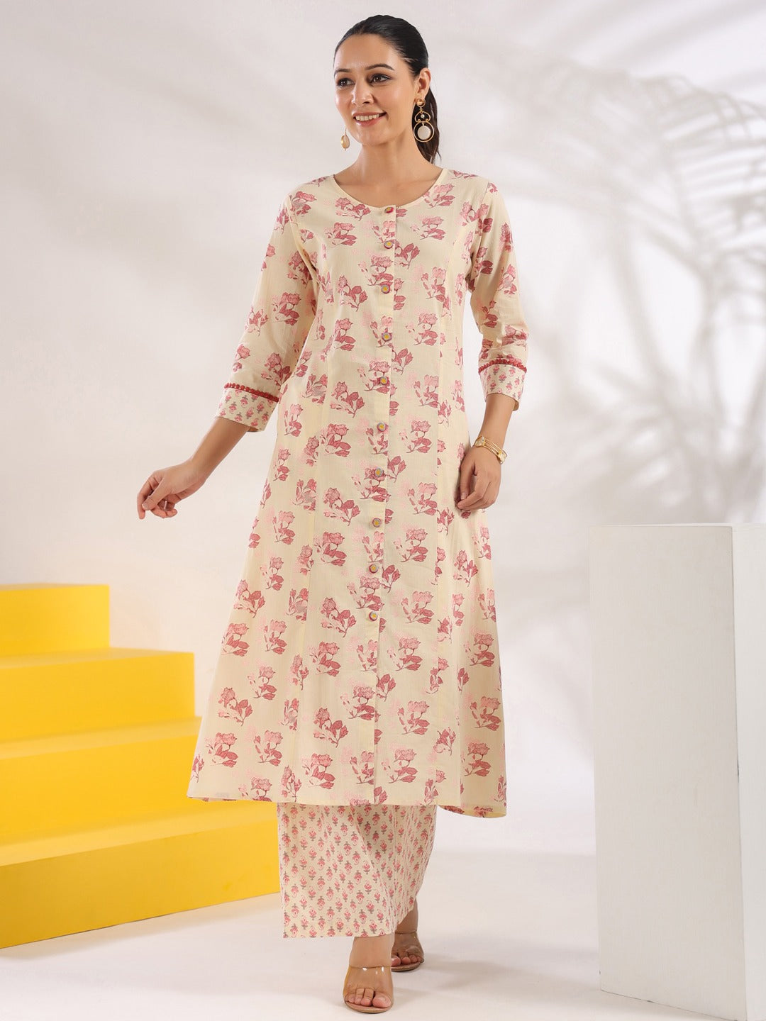 Cream And Pink Pure Cotton Floral Print A-Line Kurta Trouser Set