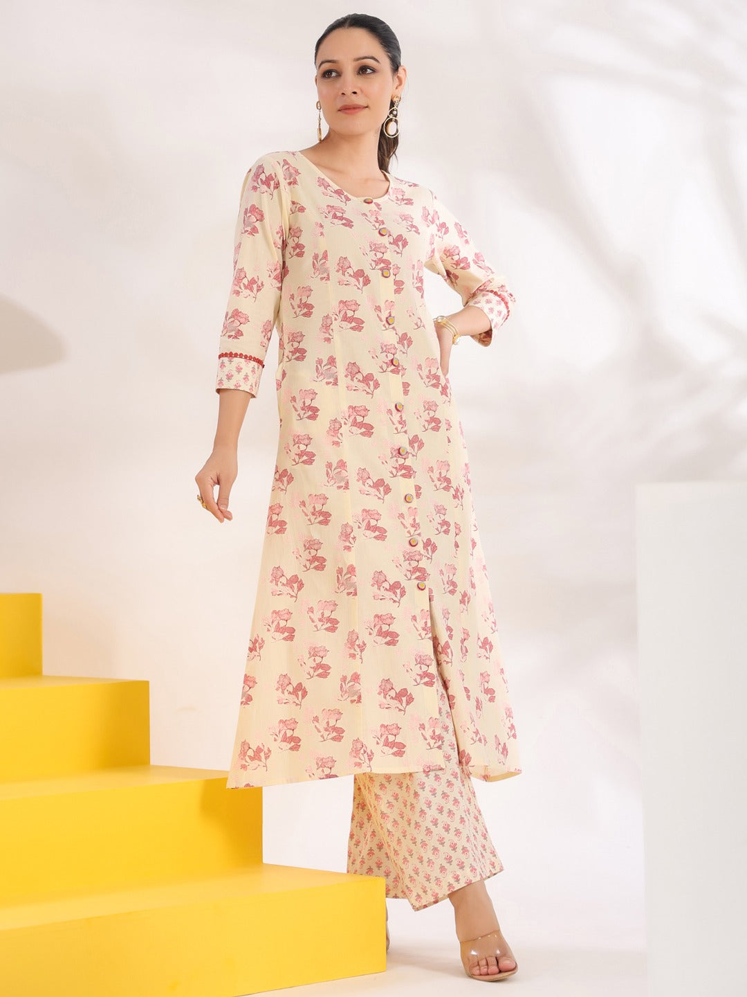 Cream And Pink Pure Cotton Floral Print A-Line Kurta Trouser Set