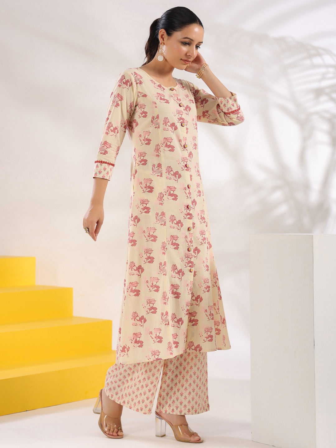 Cream And Pink Pure Cotton Floral Print A-Line Kurta Trouser Set