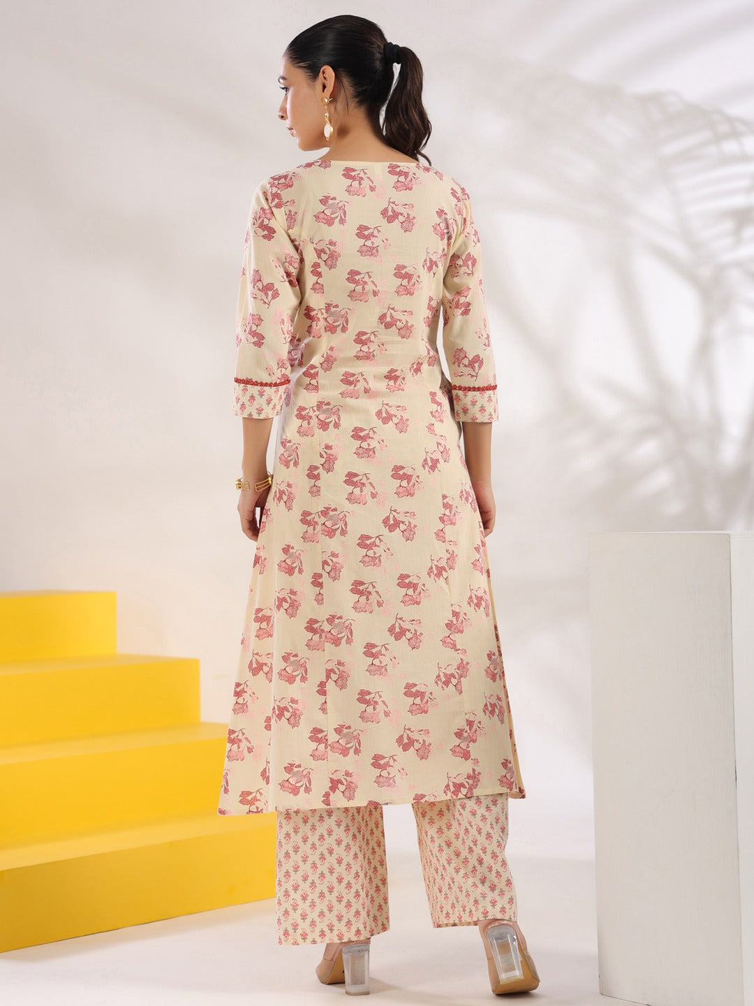 Cream And Pink Pure Cotton Floral Print A-Line Kurta Trouser Set