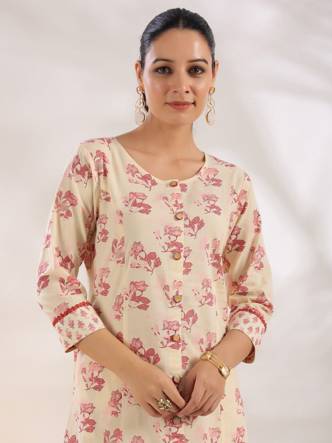 Cream And Pink Pure Cotton Floral Print A-Line Kurta Trouser Set