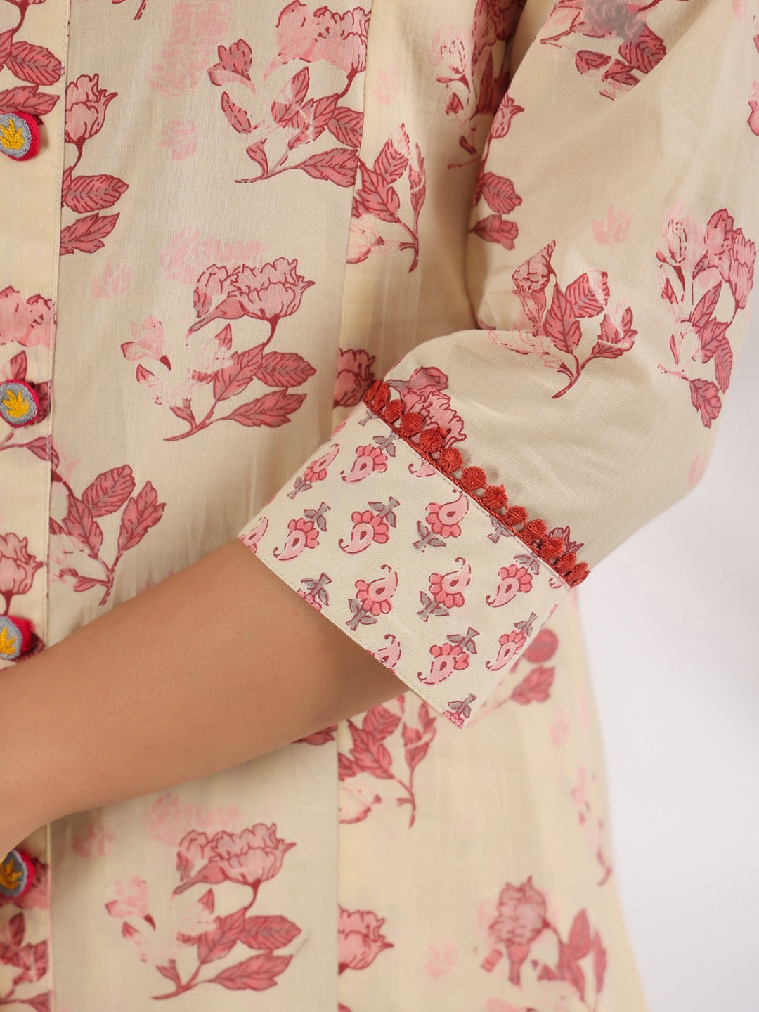 Cream And Pink Pure Cotton Floral Print A-Line Kurta Trouser Set