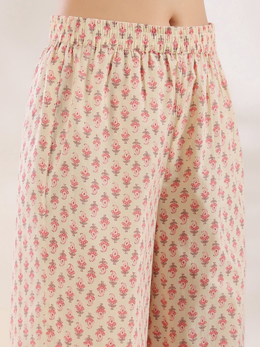 Cream And Pink Pure Cotton Floral Print A-Line Kurta Trouser Set