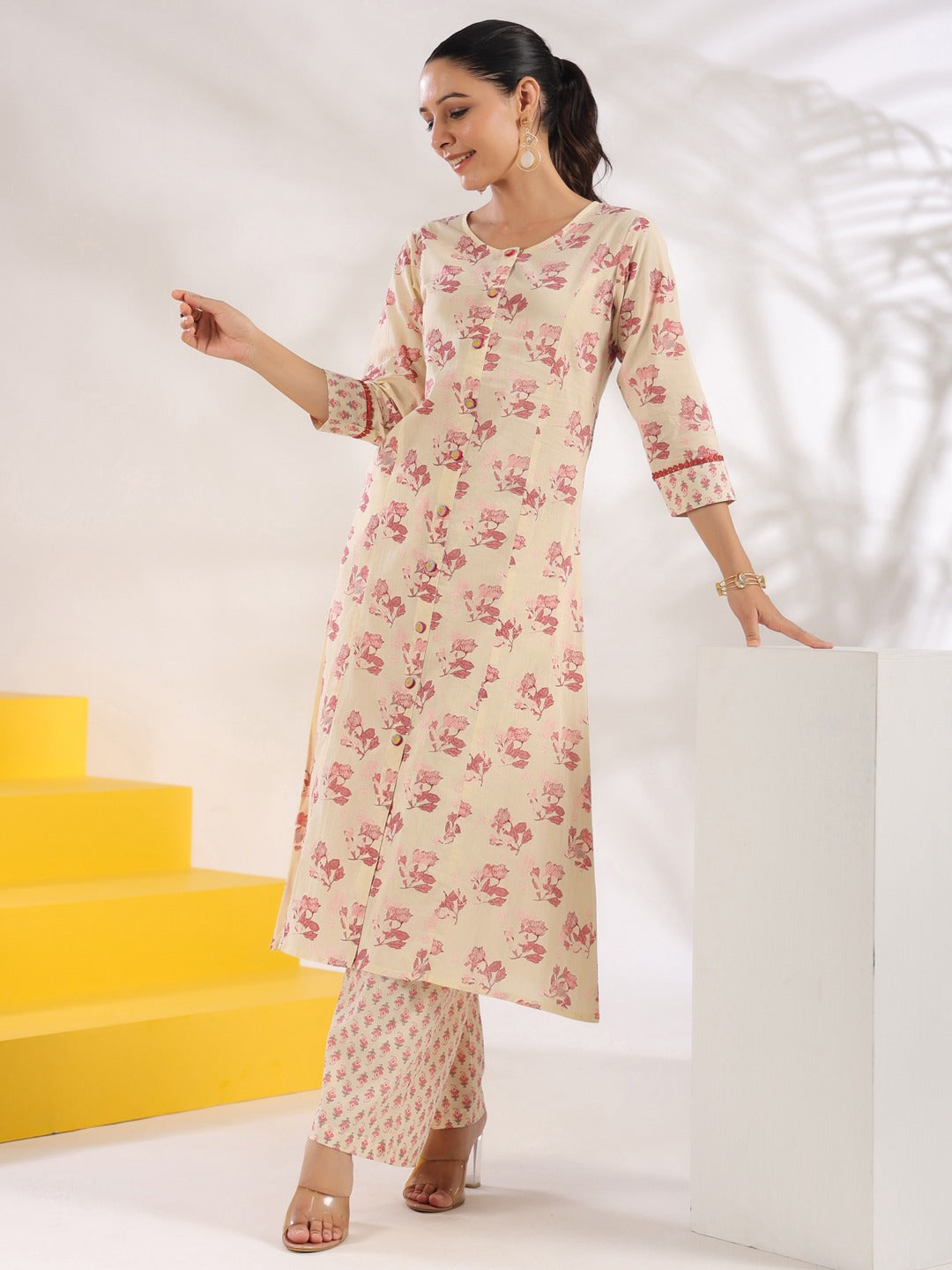 Cream And Pink Pure Cotton Floral Print A-Line Kurta Trouser Set