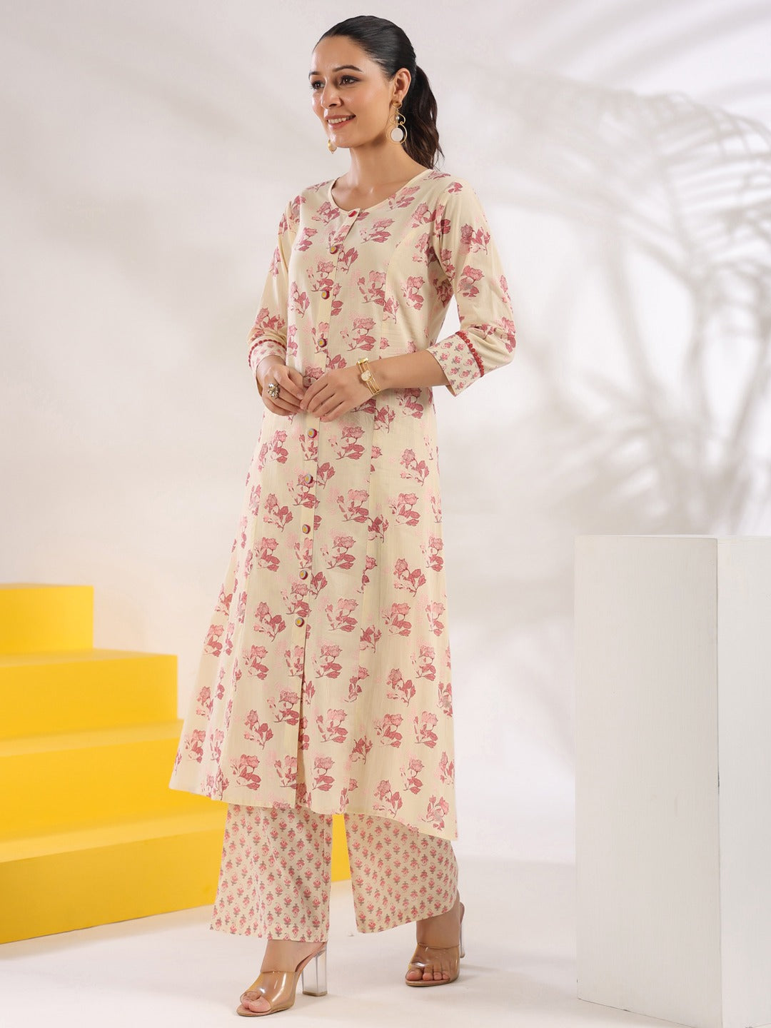 Cream And Pink Pure Cotton Floral Print A-Line Kurta Trouser Set