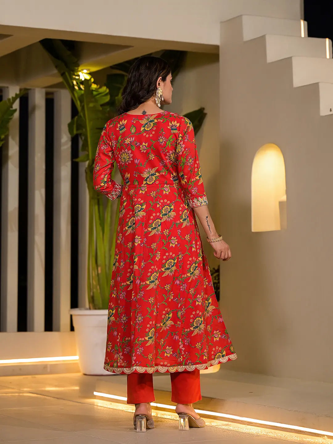 Red Dori Embroidery Voile Anarkali Kurta With Trousers With Dupatta Set