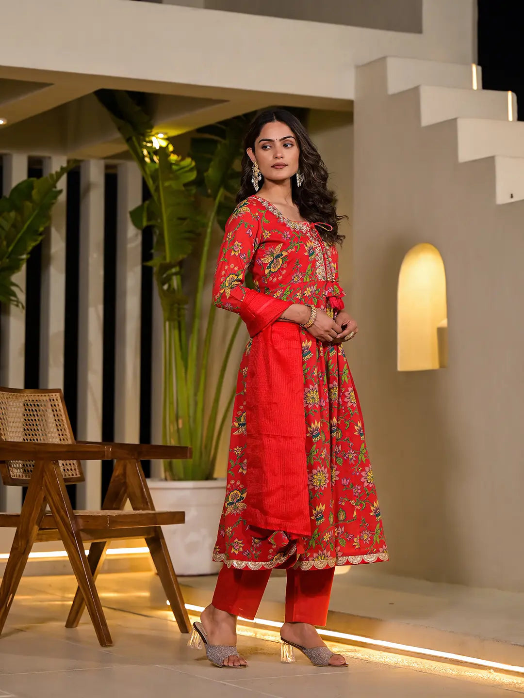 Red Dori Embroidery Voile Anarkali Kurta With Trousers With Dupatta Set