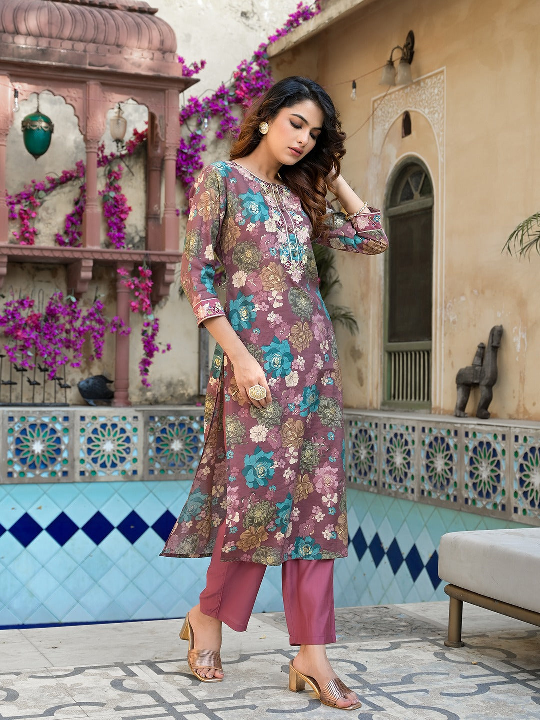 Mauve Floral,Thread_Work Kurta Trouser Set