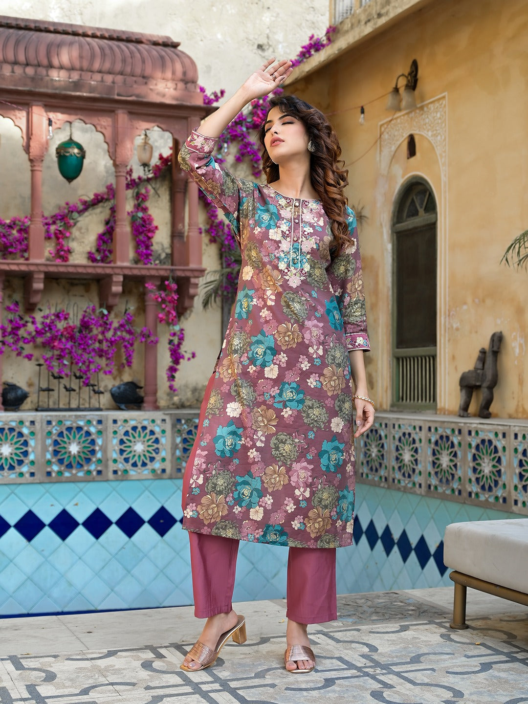 Mauve Floral,Thread_Work Kurta Trouser Set