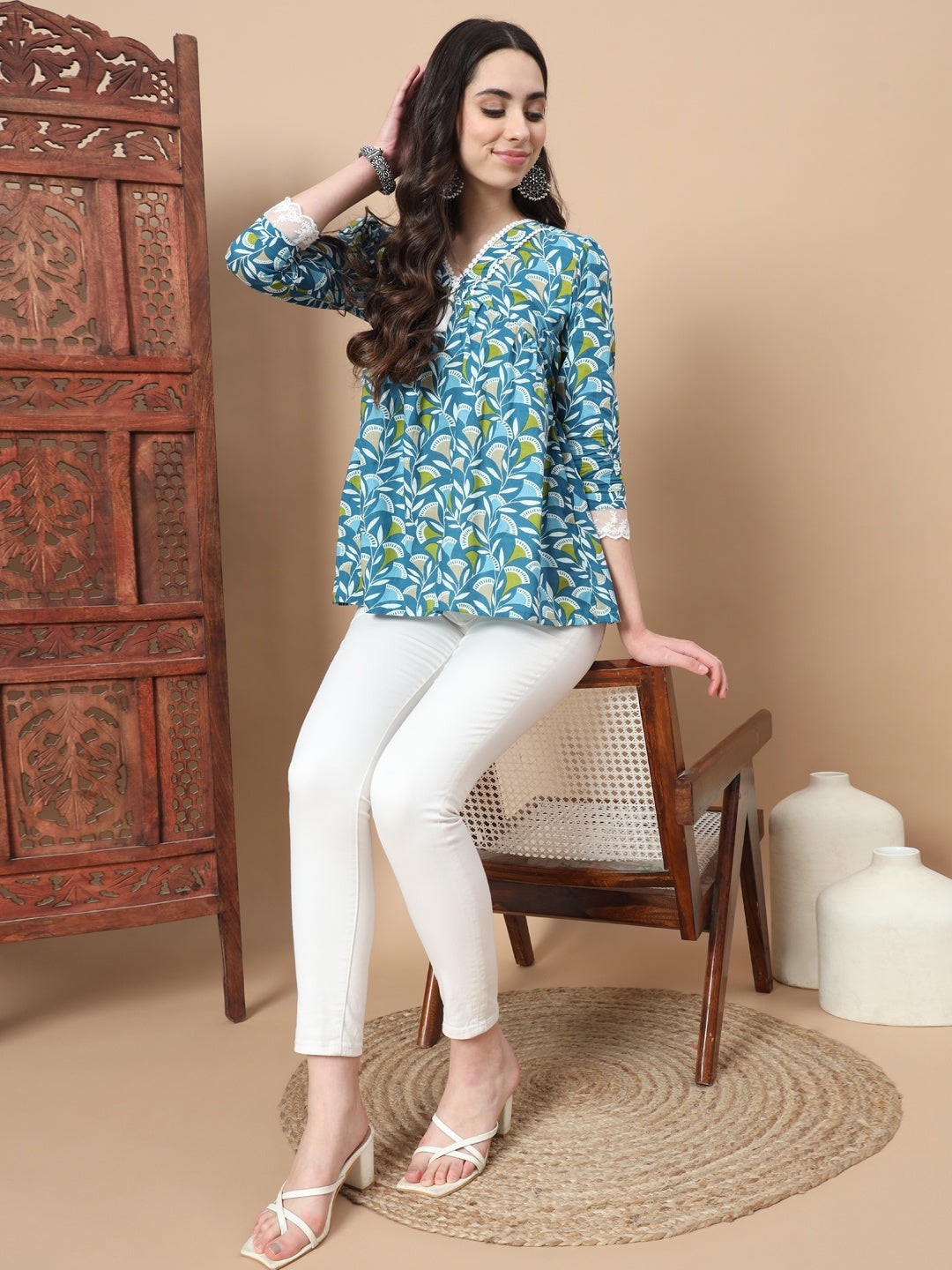 Blue Cotton Floral Printed Top With Lace Details