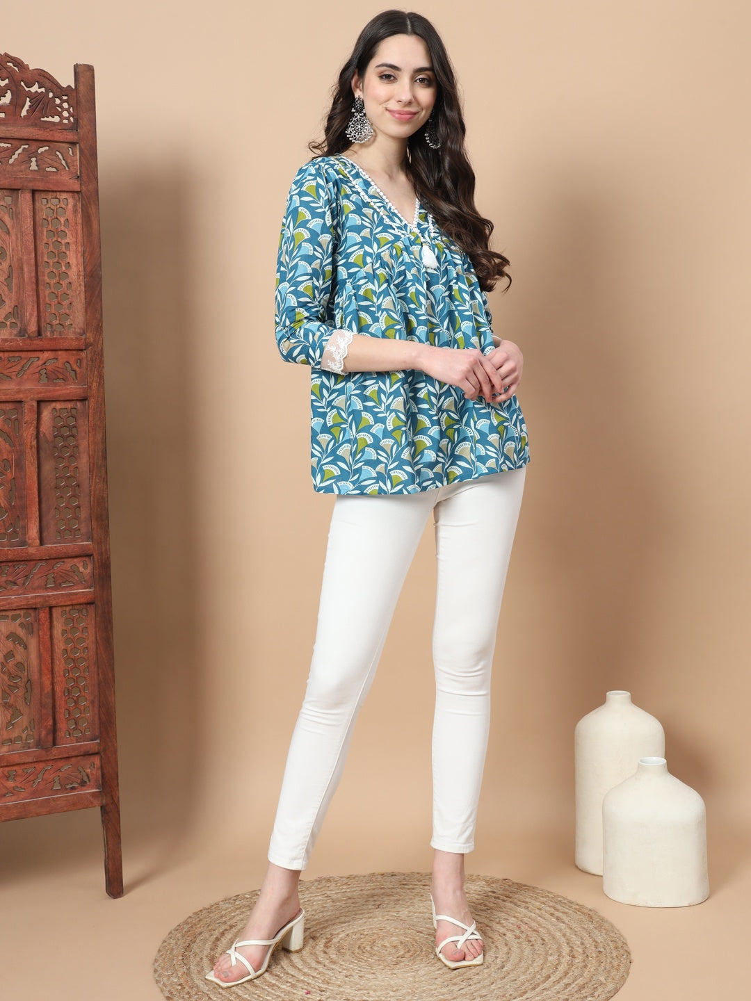 Blue Cotton Floral Printed Top With Lace Details