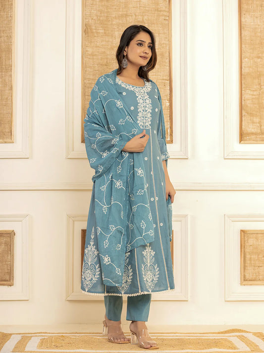 Blue Cotton Embroidered Kurta Set With Dupatta Set-Yufta Store-1862SKDBLS