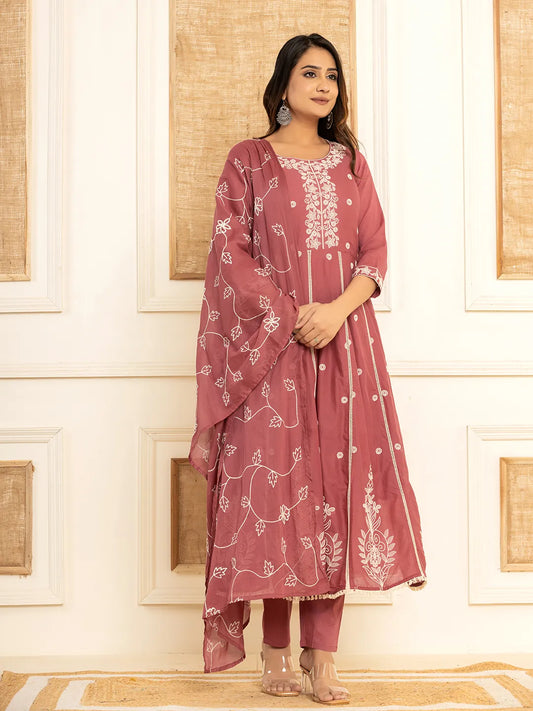 Purple Cotton Embroidered Kurta Set With Dupatta Set-Yufta Store-1862SKDPRS