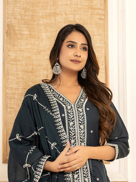 Navy Blue Cotton Embroidered Kurta Set With Dupatta-Yufta Store-1878SKDNBS