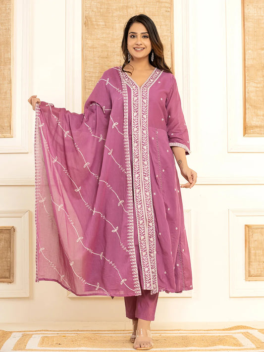 Purple Cotton Embroidered Kurta Set With Dupatta-Yufta Store-1878SKDPRS