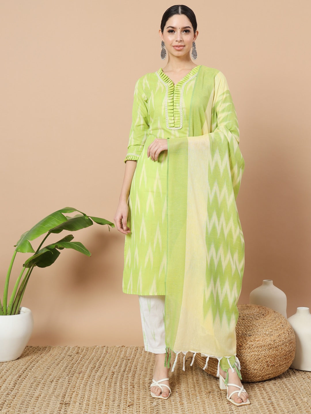 Green Cotton Ikat Kurta Dupatta Set