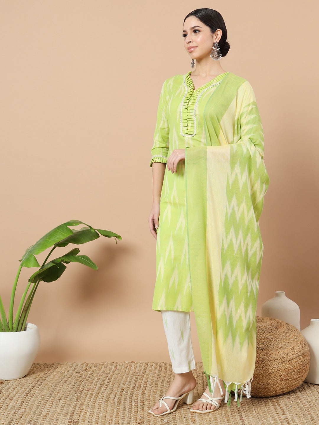 Green Cotton Ikat Kurta Dupatta Set