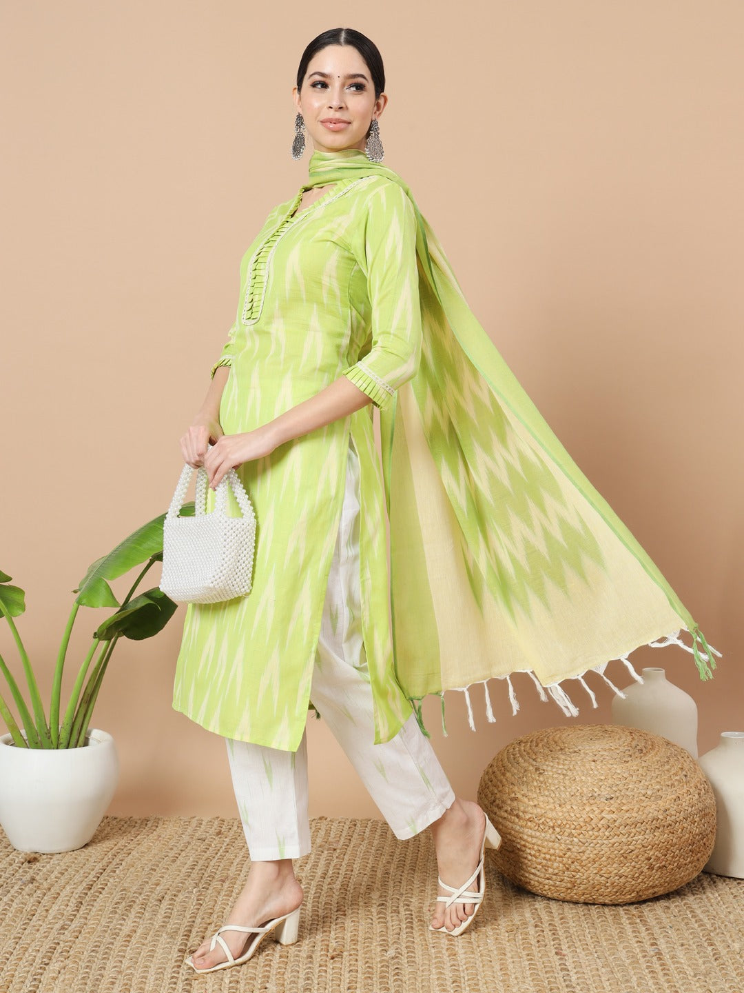 Green Cotton Ikat Kurta Dupatta Set