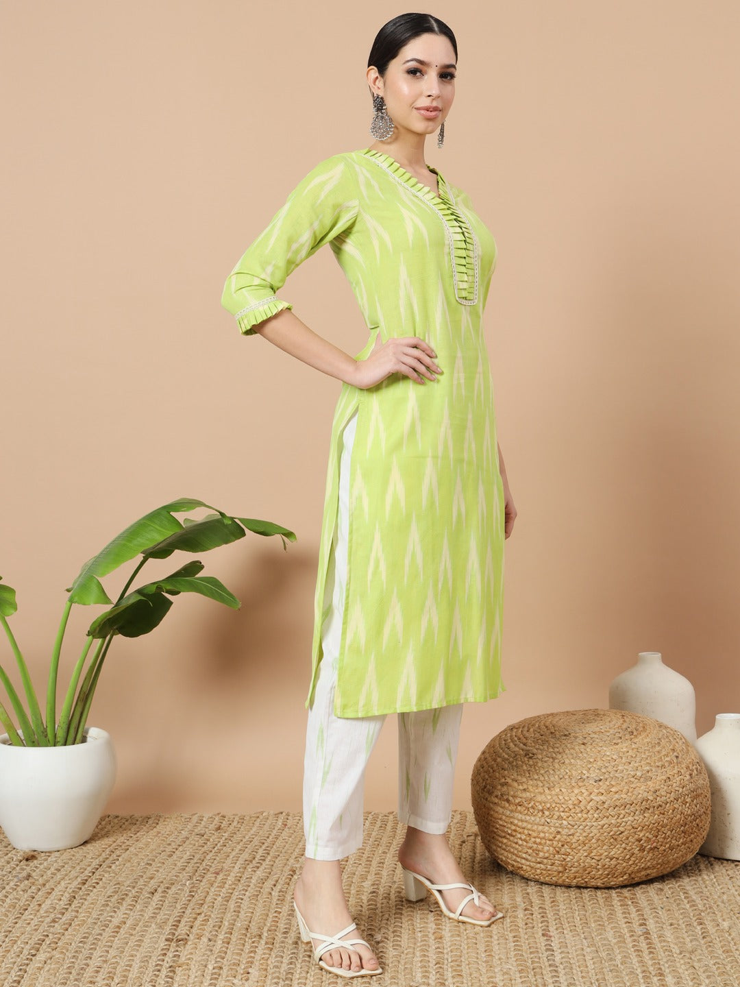 Green Cotton Ikat Kurta Dupatta Set