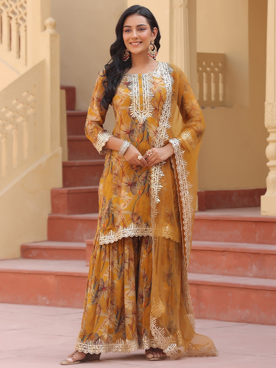 Mustard Pure Chinon Kurta Dupatta Set