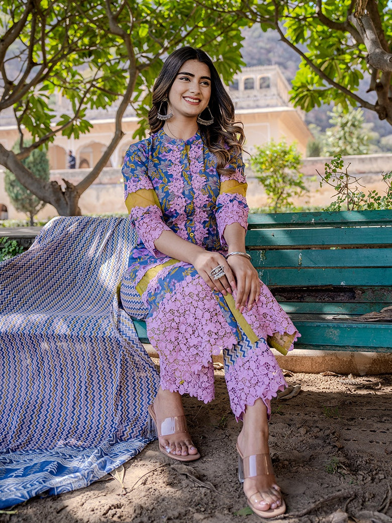 Blue And Fuchsia Floral Print Pakistani Style Kurta Trouser And Dupatta Set