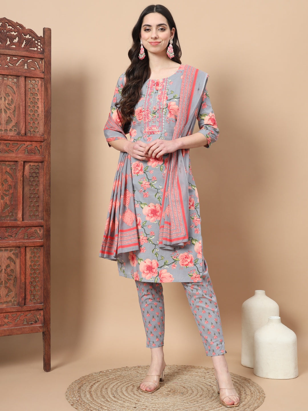 Blue Ethnic Motifs Cotton Kurta Dupatta Set