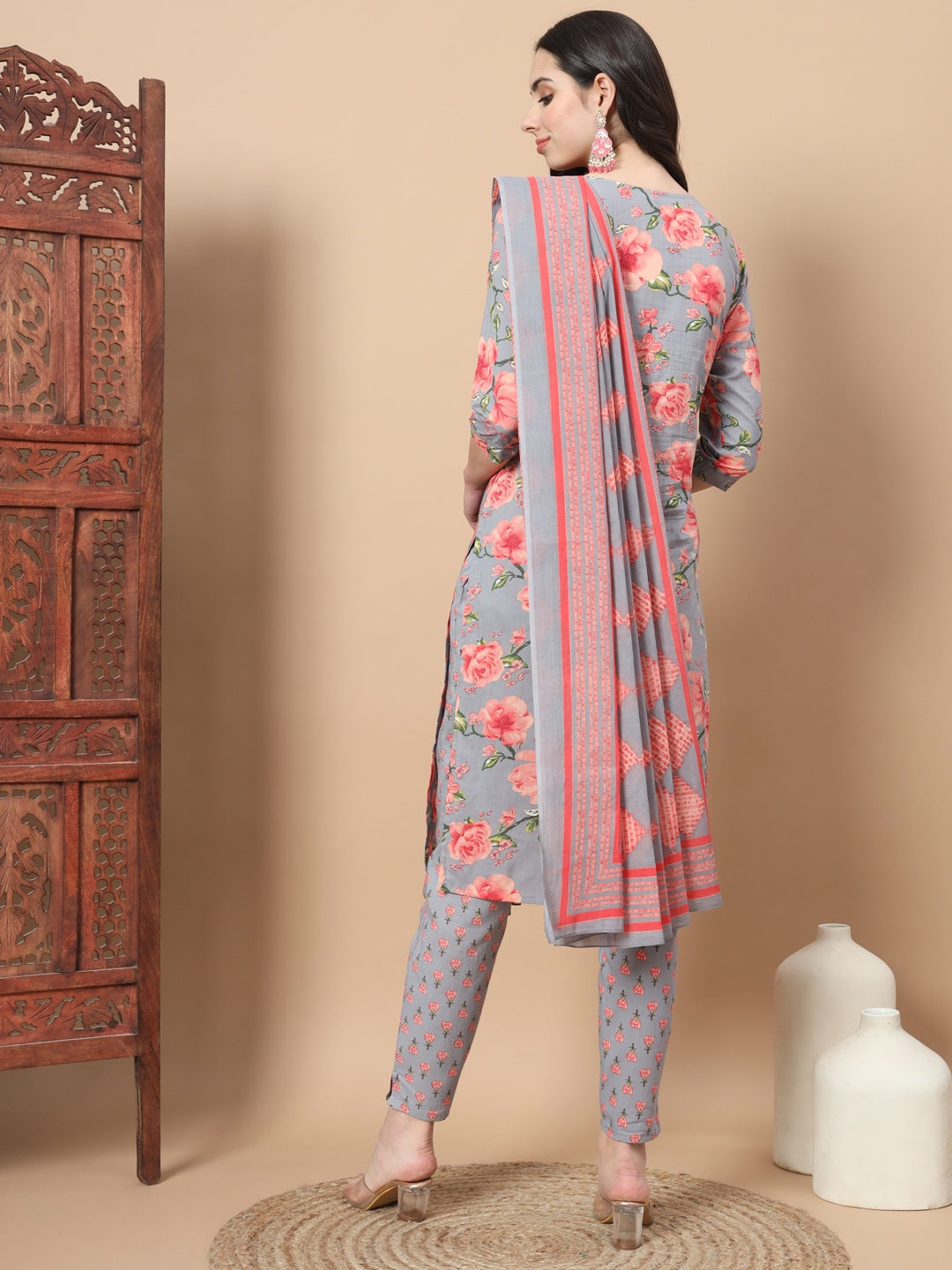 Blue Ethnic Motifs Cotton Kurta Dupatta Set