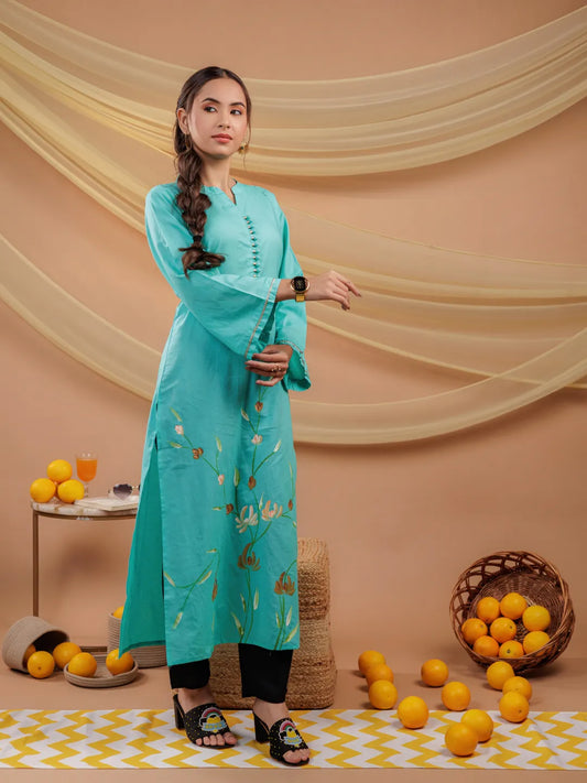 Sea Green Hand Floral Print Cotton Straight Kurta