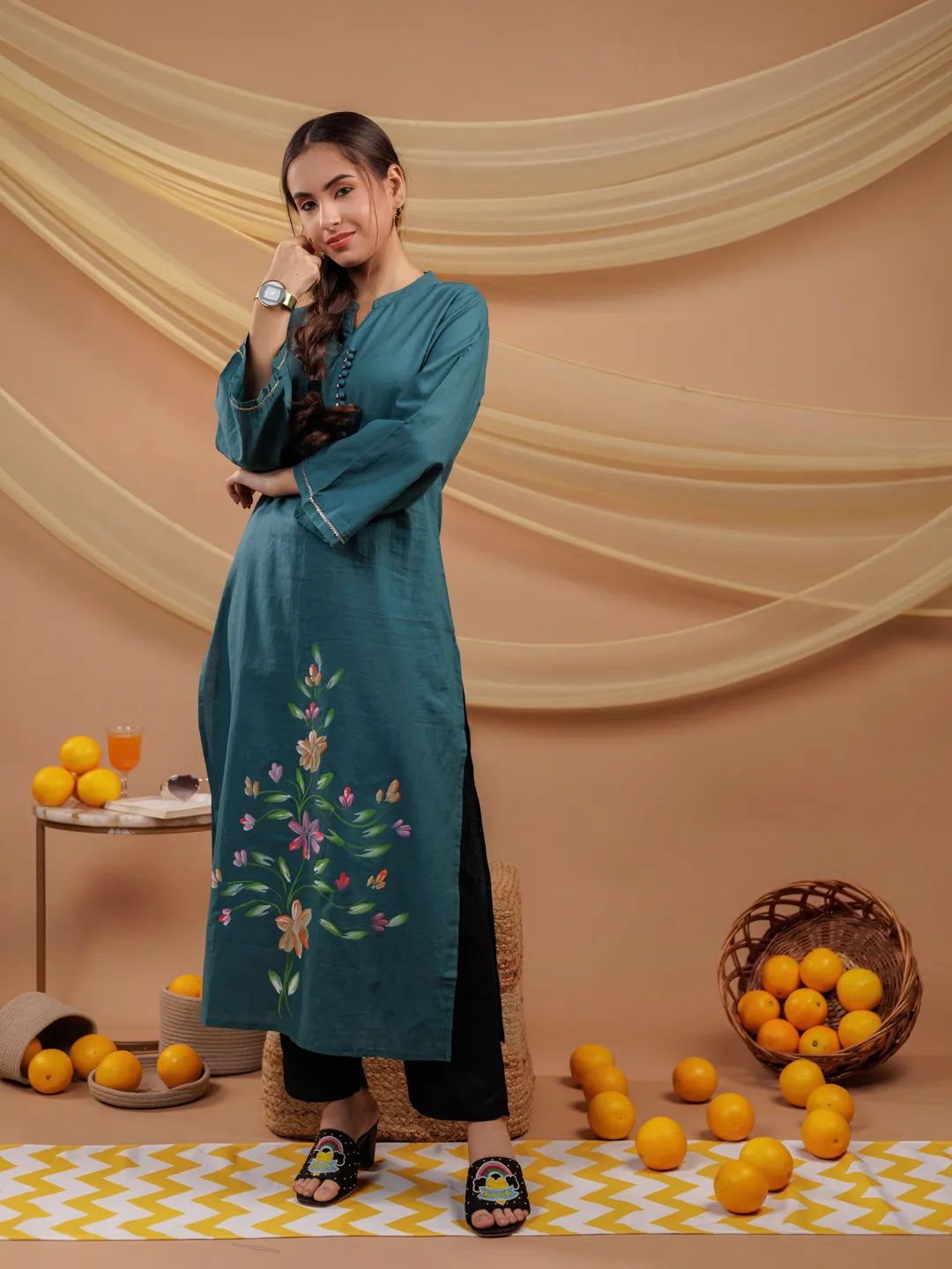 Teal Blue Hand Floral Print Cotton Straight Kurta