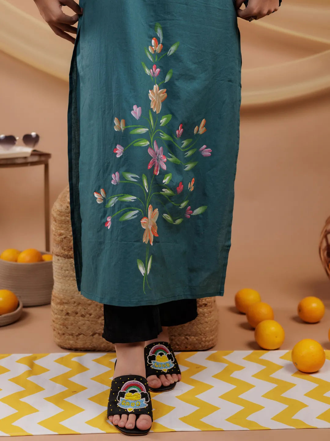 Teal Blue Hand Floral Print Cotton Straight Kurta