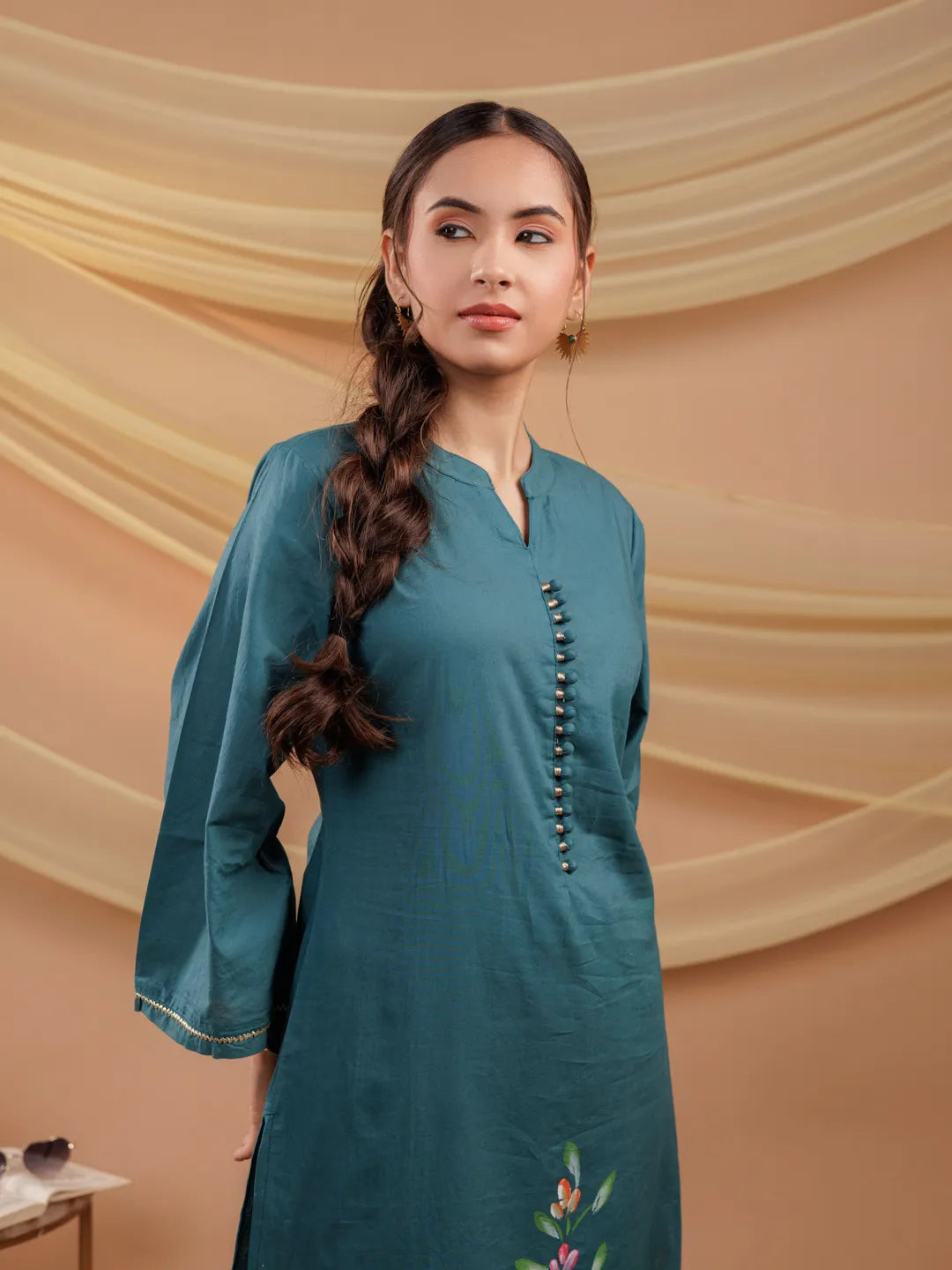 Teal Blue Hand Floral Print Cotton Straight Kurta