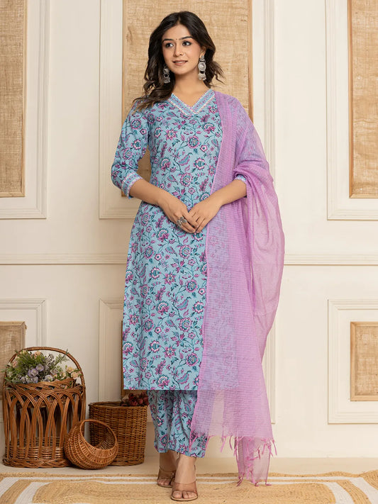 Blue Floral Print Cotton Straight Kurta And Trousers With Dupatta Set-Yufta Store-6859SKDBLS