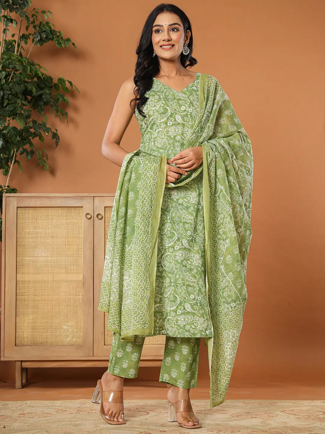 Green Cotton Strappy Kurta Dupatta Set