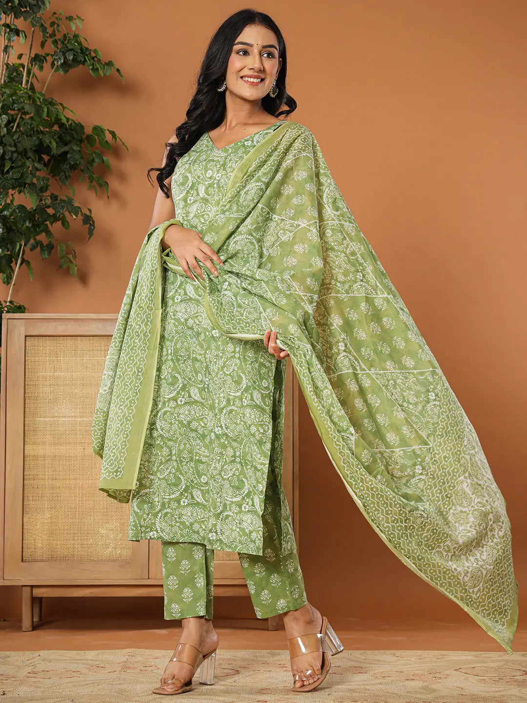 Green Cotton Strappy Kurta Dupatta Set