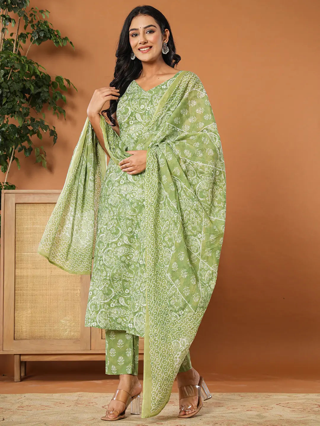 Green Cotton Strappy Kurta Dupatta Set