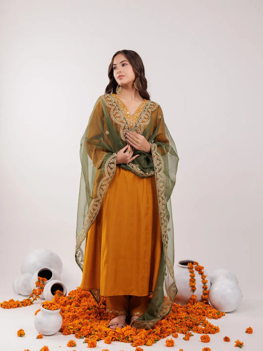 Mustard Silk Embroidered Kurta Dupatta Set