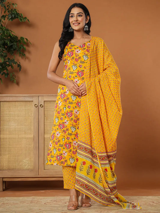 Mustard Cotton Sleeveless Kurta Dupatta Set