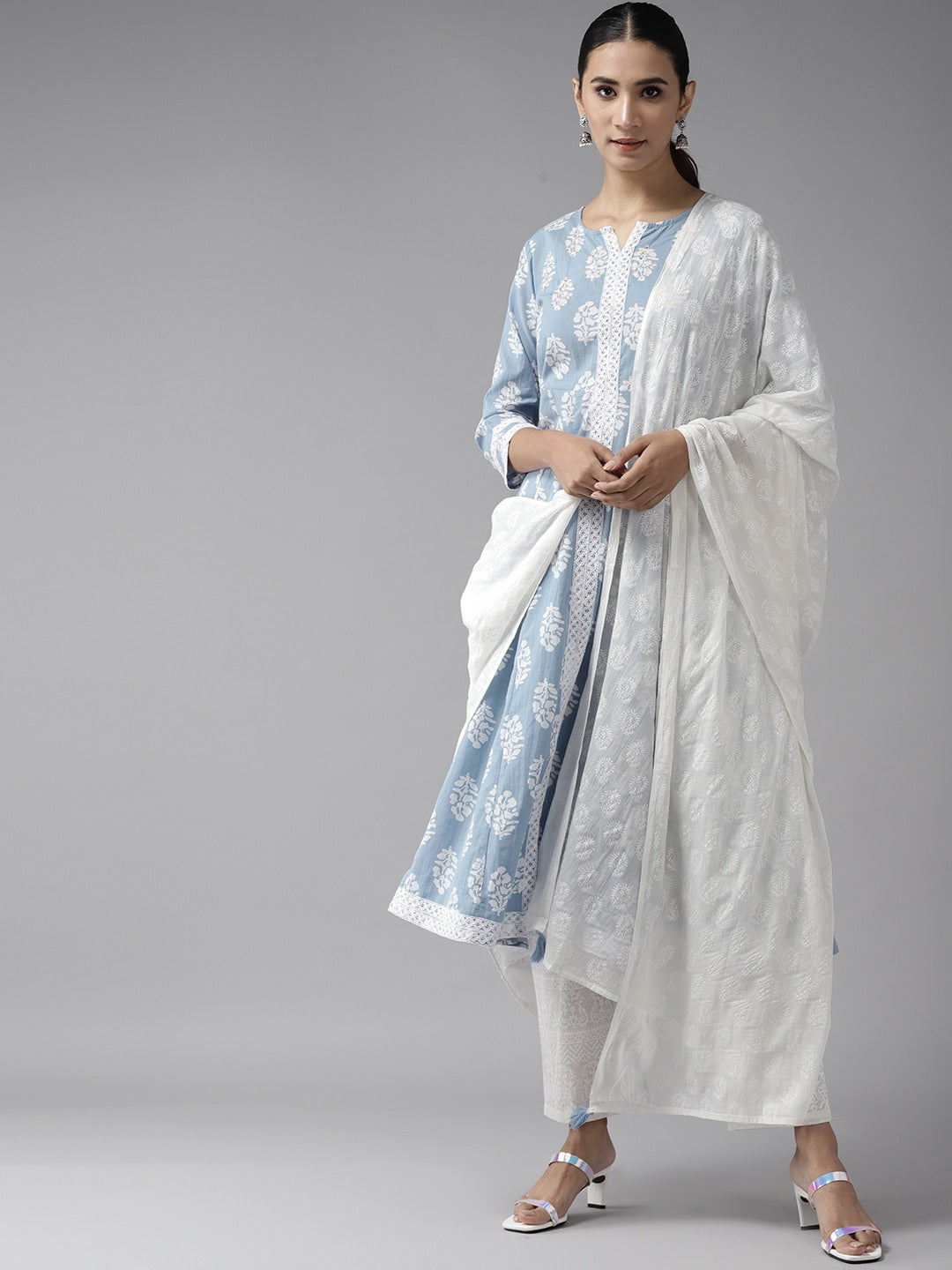 Blue & White A-Line Dupatta Set