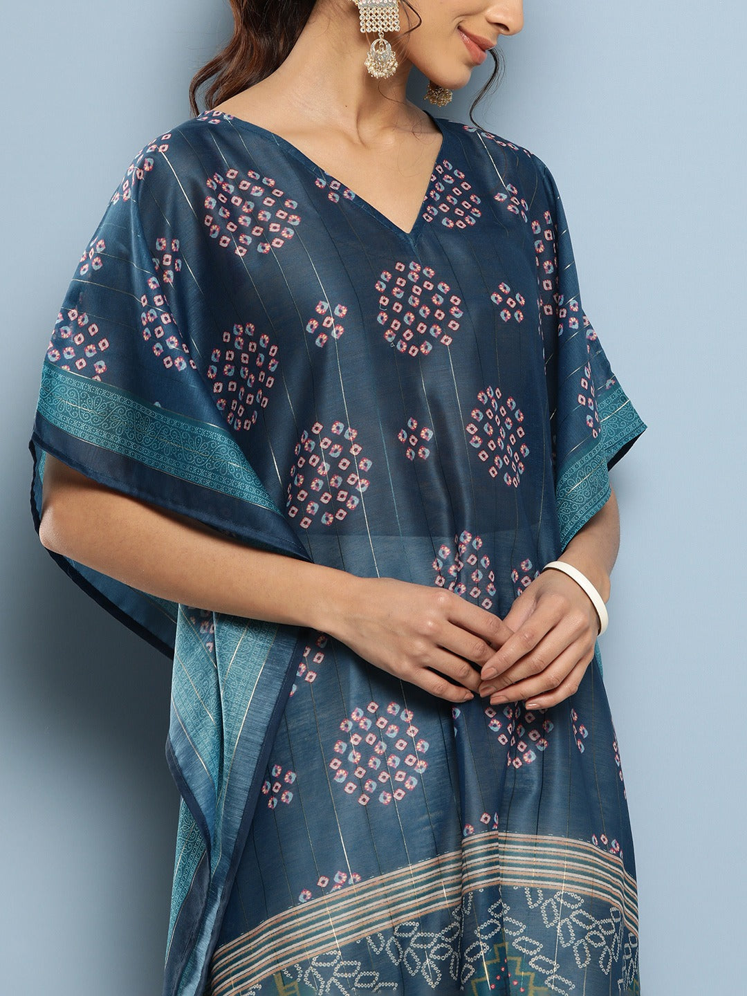 Bandhani Blue Printed Kaftan Kurta-Yufta Store-1211KFTBLS