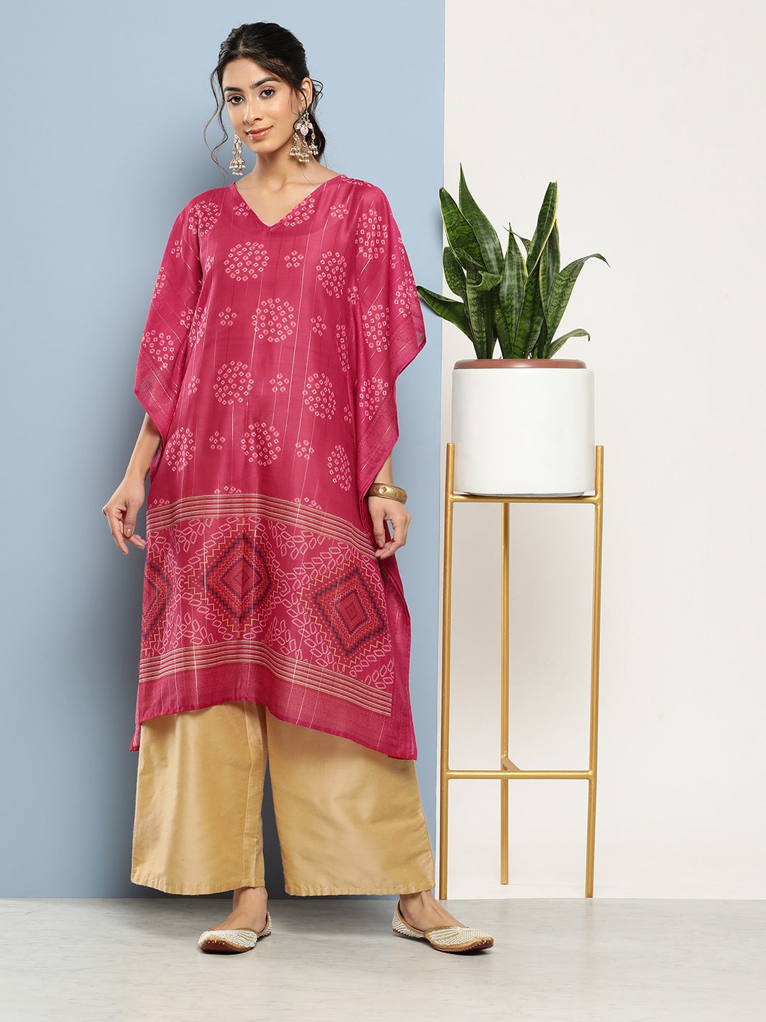 Bandhani Pink Printed Kaftan Kurta-Yufta Store-1211KFTPKS