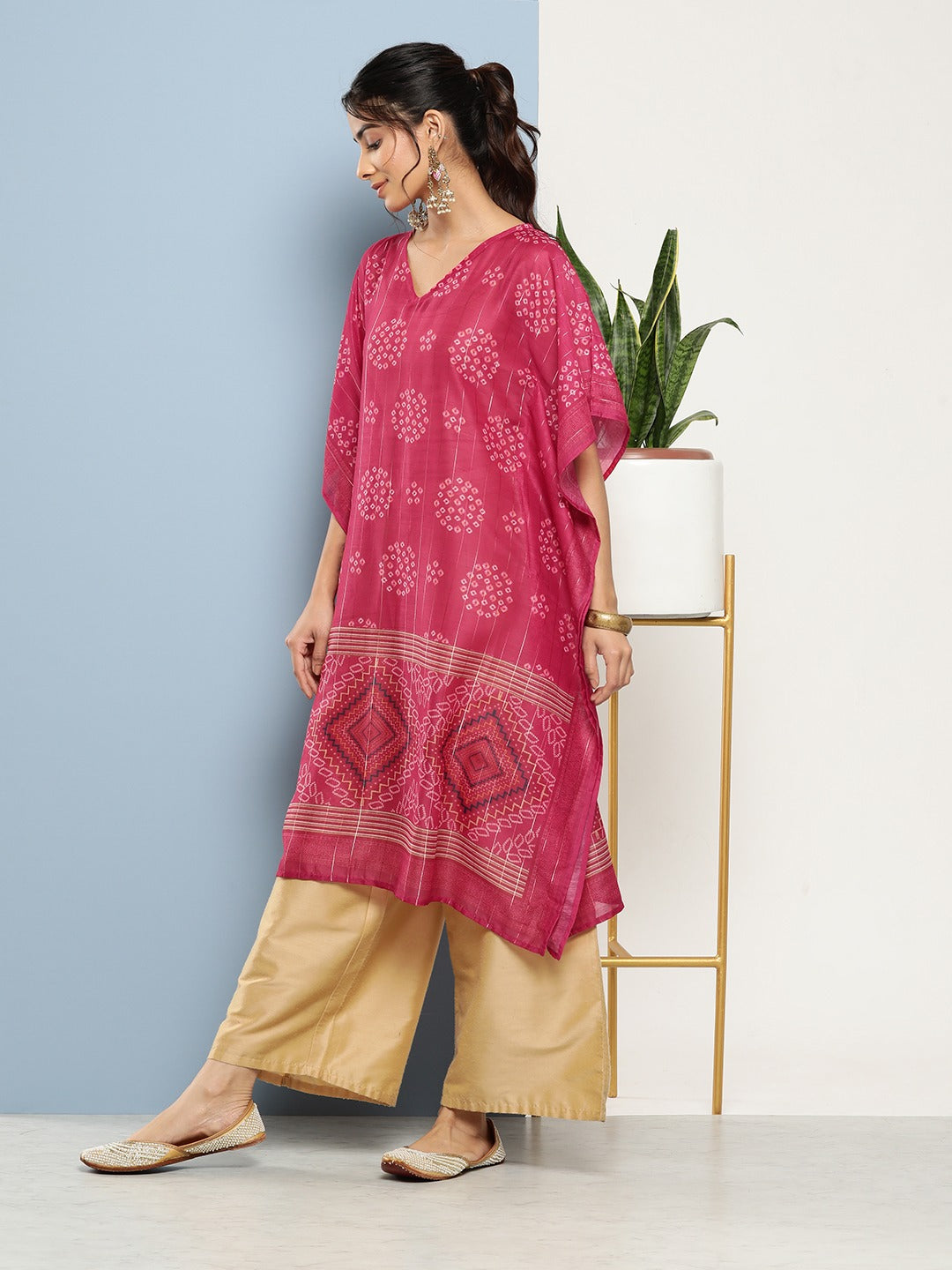 Bandhani Pink Printed Kaftan Kurta-Yufta Store-1211KFTPKS