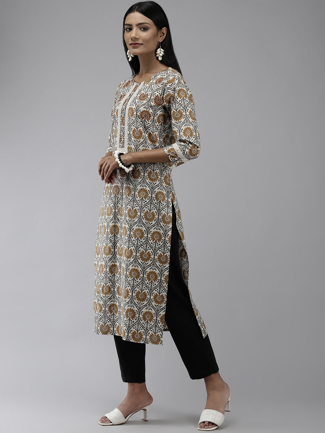 Beige Ethnic Printed Kurta-Yufta Store-9634KURBGS