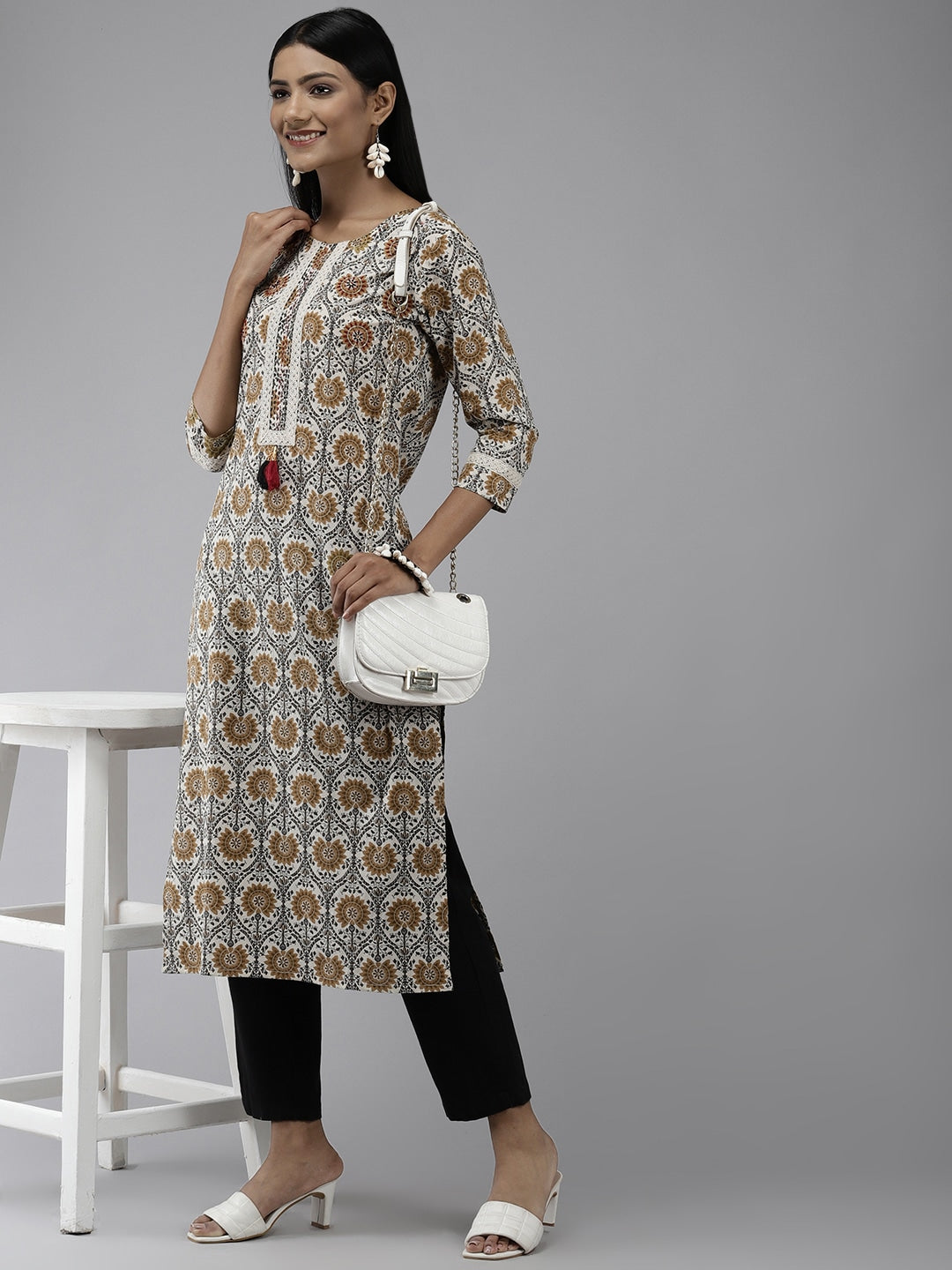 Beige Ethnic Printed Kurta-Yufta Store-9634KURBGS