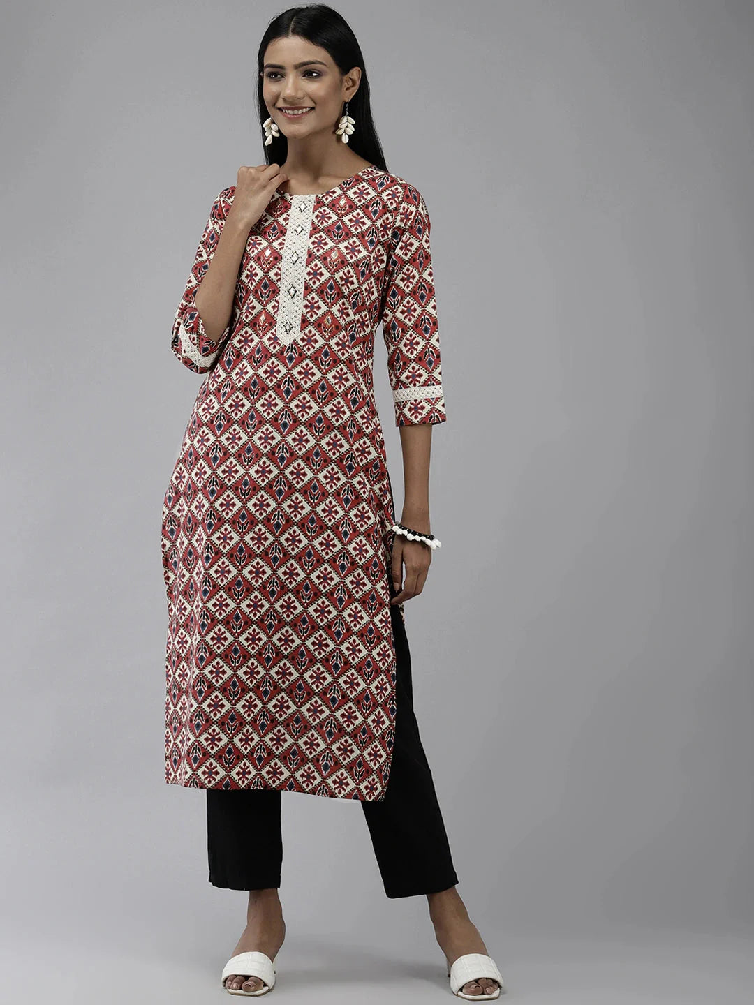 Beige & Maroon Ethnic Printed Kurta-Yufta Store-9637KURBGS