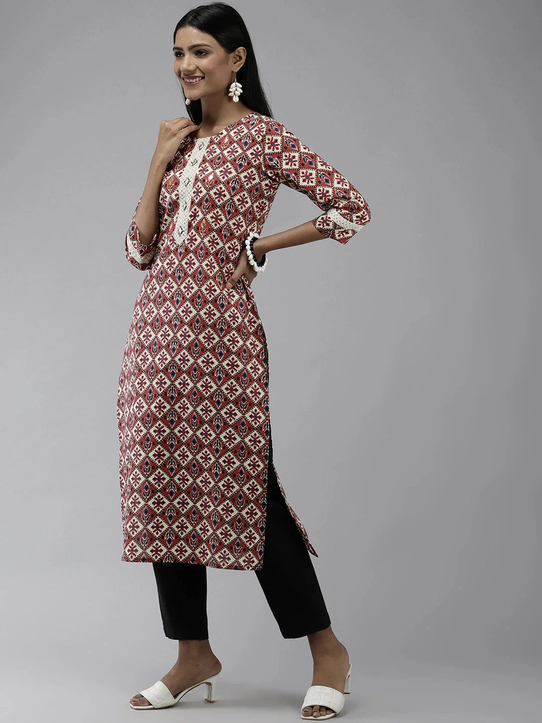 Beige & Maroon Ethnic Printed Kurta-Yufta Store-9637KURBGS